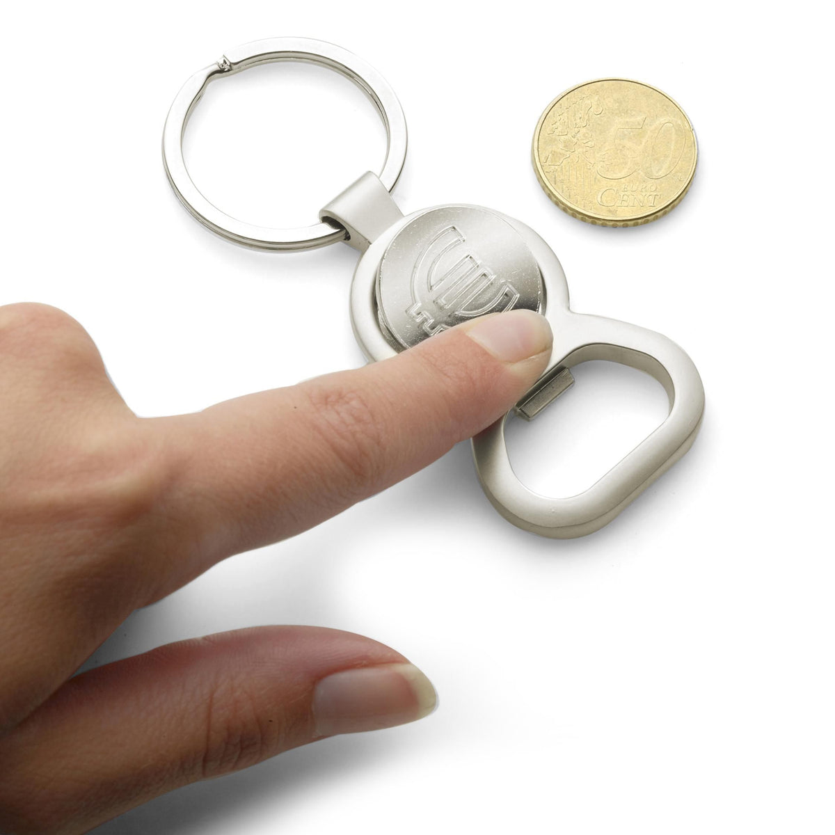 Nøglering med åbner og mønt (€1)