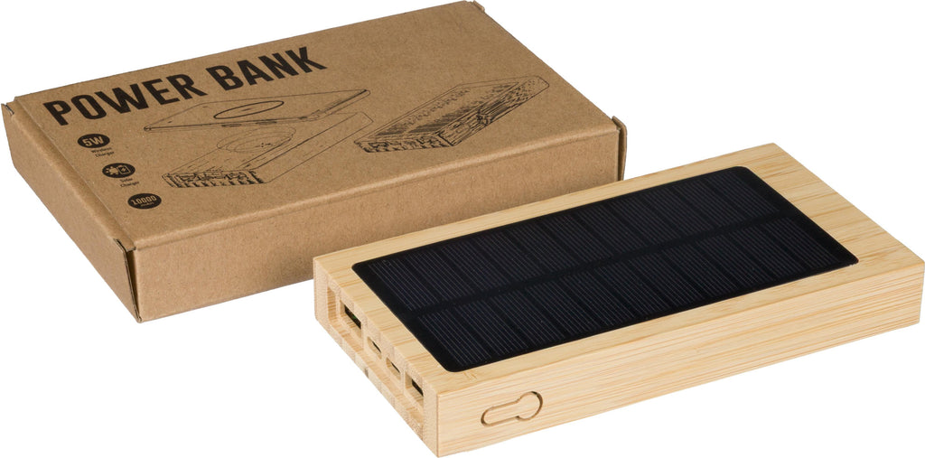 Powerbank i bambus, solcelledrevet, Elz