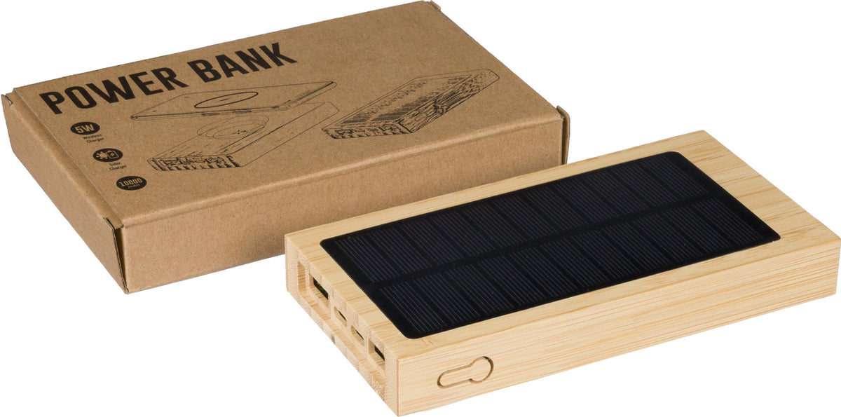 Powerbank i bambus, solcelledrevet, Elz